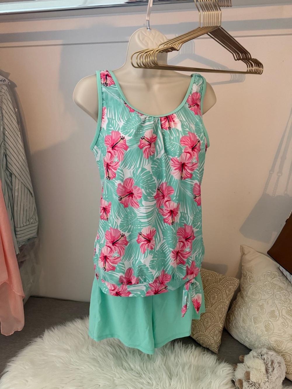 Aqua Floral Tank and Swim Set - Pink Hibiscus Print